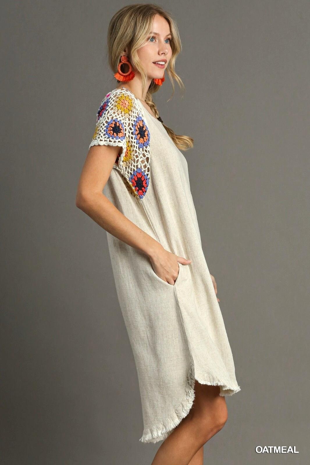 Umgee Oatmeal Linen Blend Short Crochet Sleeves High low Fishtail Hem Dress