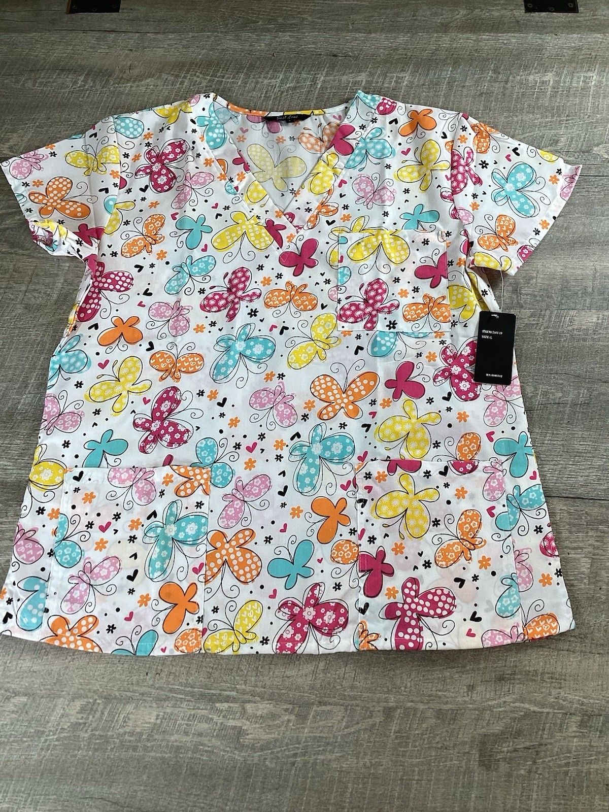 Just Love Womens Scrub Top L Butterfly Print V Neck Medical Nurse Shirt NWT