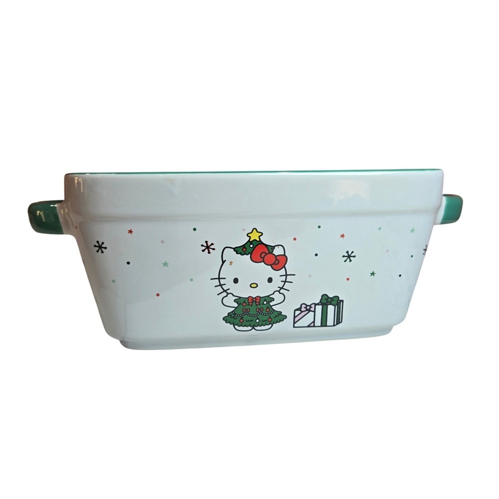 Hello Kitty Christmas Baking Dish NWOB 9x4 Rectangular Ceramic Green Handles