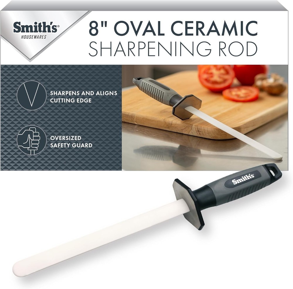 Smith’s 51205 8 Inch Oval Ceramic Sharpening Rod – Soft Rubber Handle – 2-Sta...