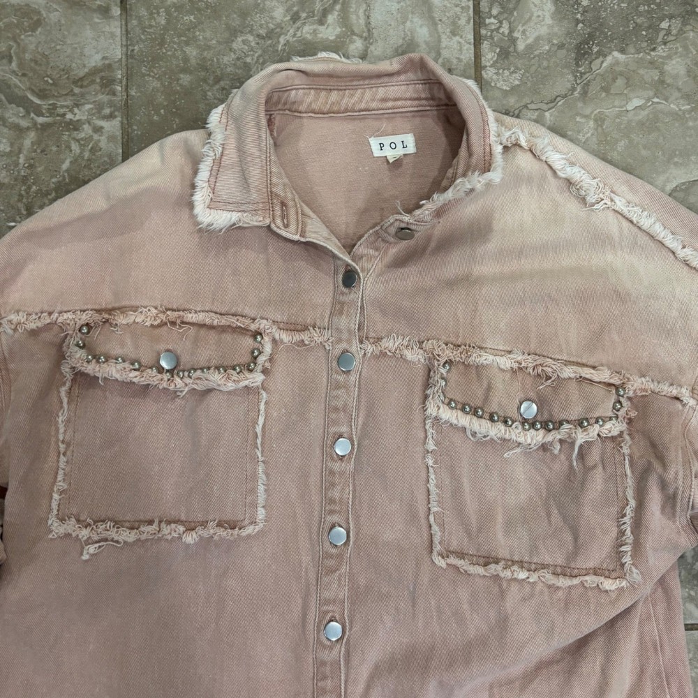POL Pink Distressed Denim Shacket Studded Raw Hem Oversized Jacket Small