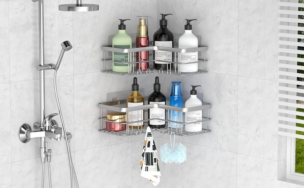 Corner Shower Caddy, Adhesive Shower Shelves No Drilling [2-Pack], Rustproof ...