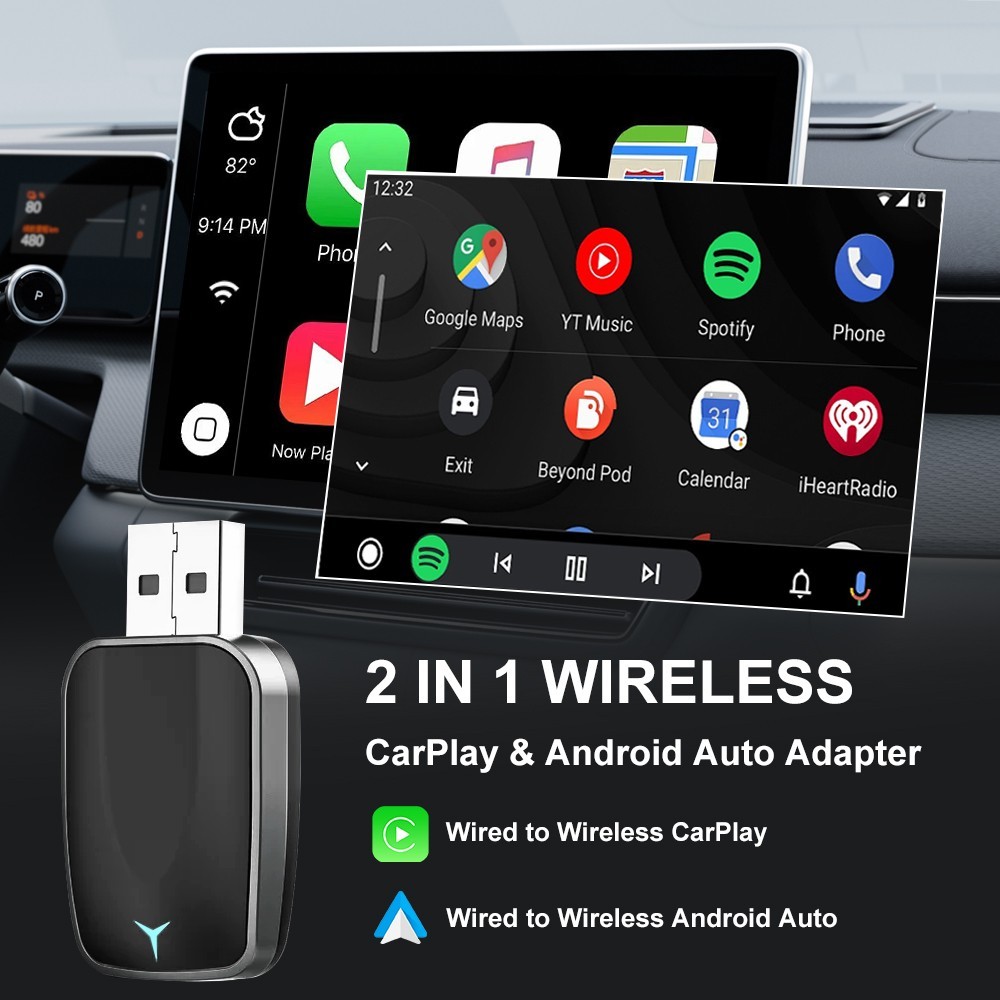 2 in 1 Car Auto Wireless Apple Carplay & Android Auto USB Adapter Plug & Play