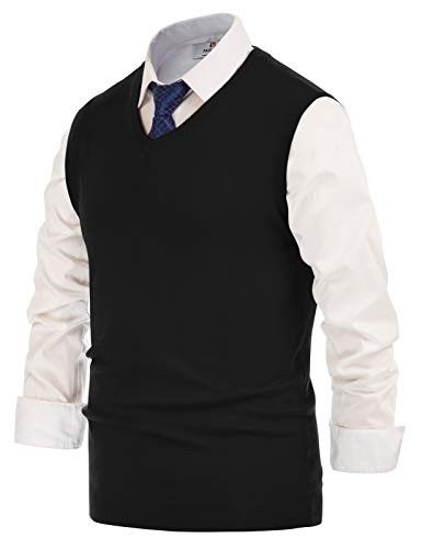 Mens V-Neck Knitted Sweater Vest Solid Plain Sleeveless Pullover X-Large Black
