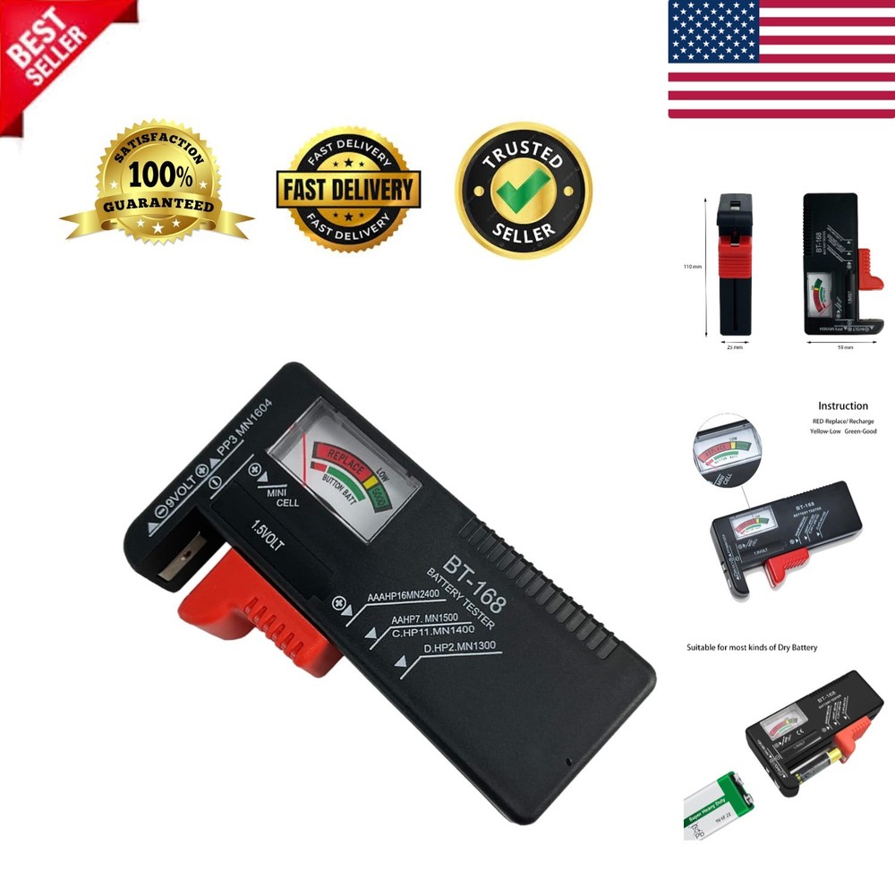 Compact Universal Battery Tester for AAA, AA, C, D, 9V & Button Cell Batteries