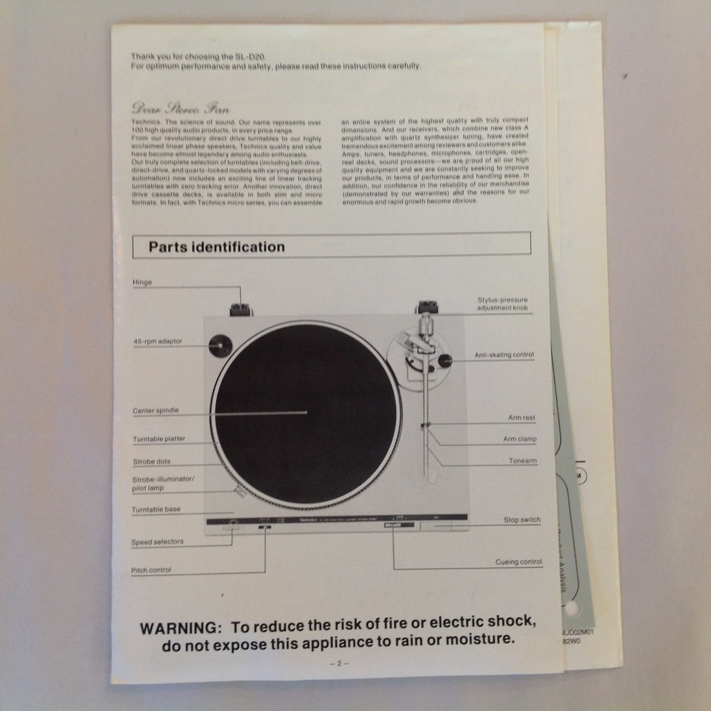 Vintage 1982 Technics Turntable System SL-D20 Operating Instructions Ephemera