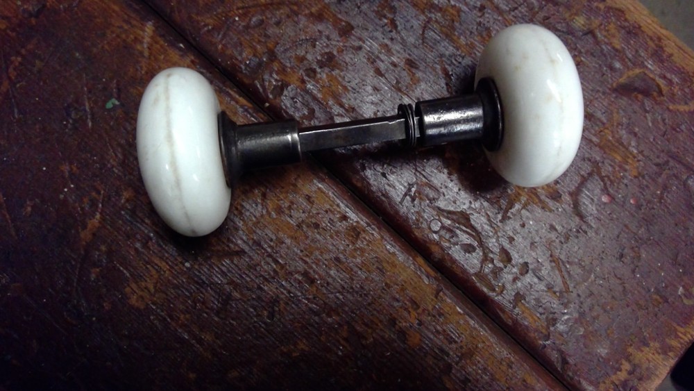 2 Vintage Porcelain Door Knob Handle White 2 Knobs with shaft.