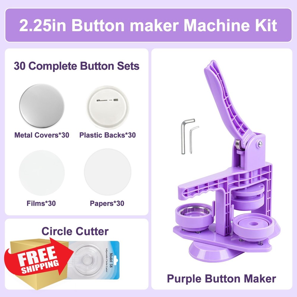 Happizza 58mm Button Maker Machine Kit, Purple, Beginner DIY Badge Press
