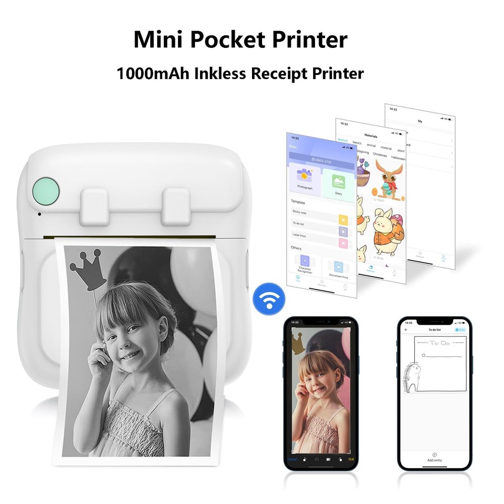Mini Printer,Portable Bluetooth Inkless Sticker Printer with Sticker Paper an...