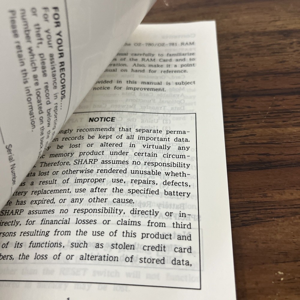 Sharp Wizard Electronic Organizer OZ-780 Manual Only