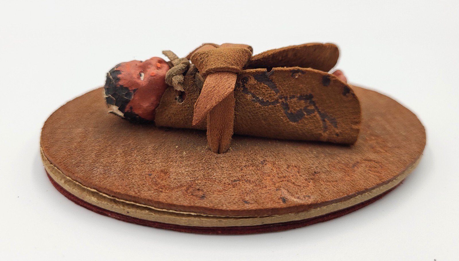 Antique Hand Crafted Clay And Leather Native American Papoose Cradle Doll