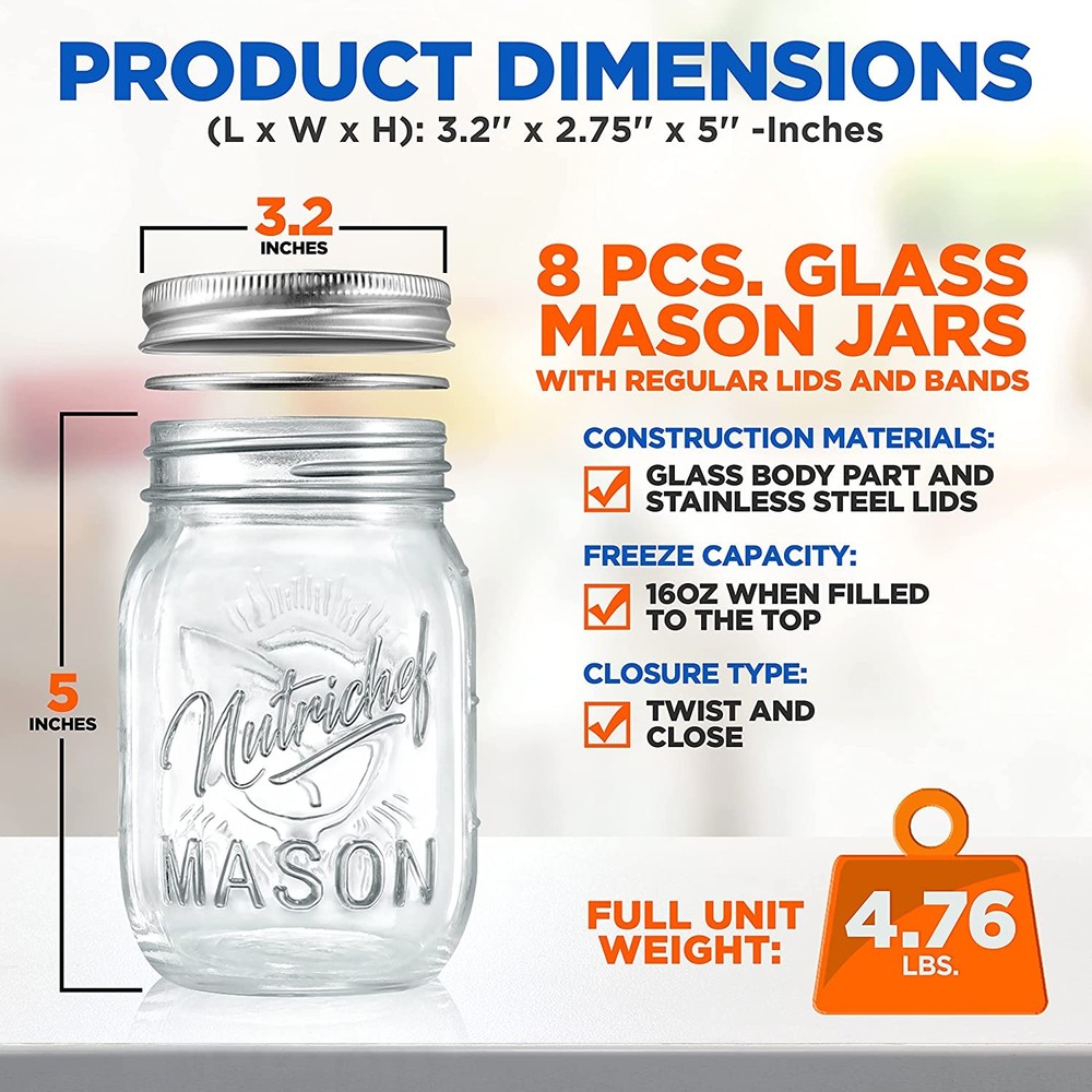 Nutrichef NCMSJ8 8 Pcs Mason Jars Set