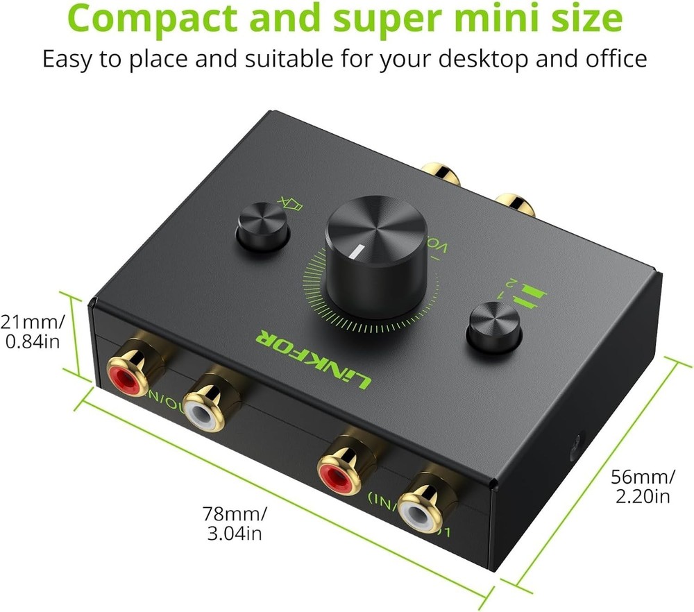 High-Quality RCA Stereo Switch with Built-In Volume Control & Simple Setup