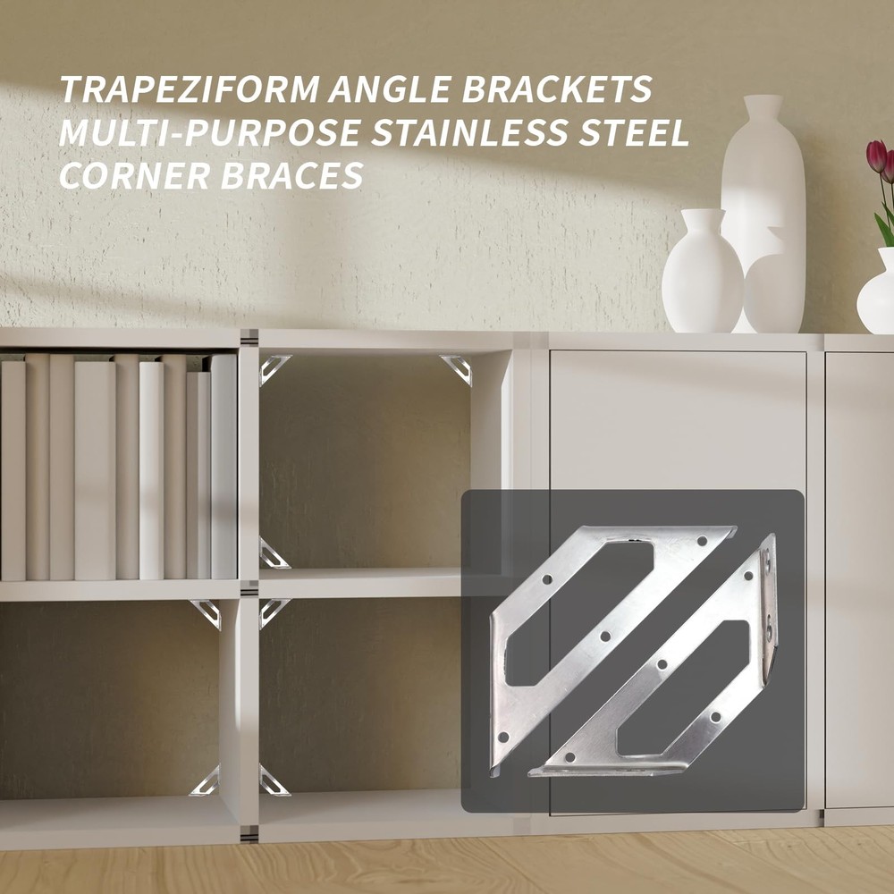 Rannb Trapeziform Angle Brackets Multi-Purpose Stainless Large 4pcs, Silver