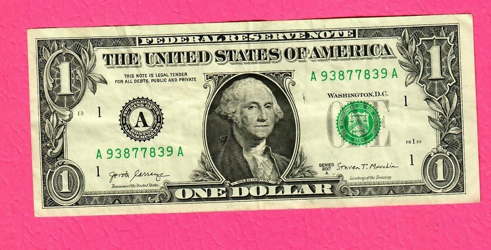 Fancy serial number Radar note A93877839A  A/A Block series 2017A circulated