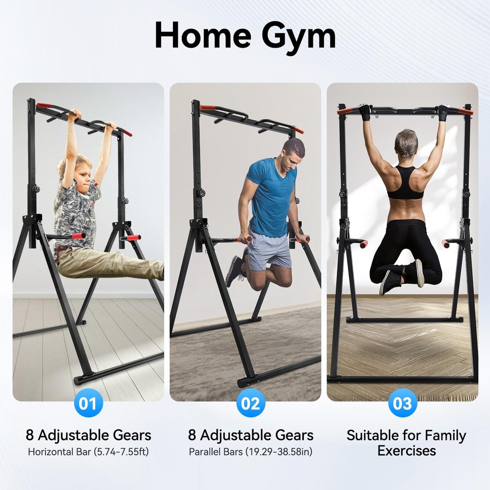 Foldable Pull Up Bar 5.74-7.55ft Height Adjustable Pull Up Dip Station Freest...