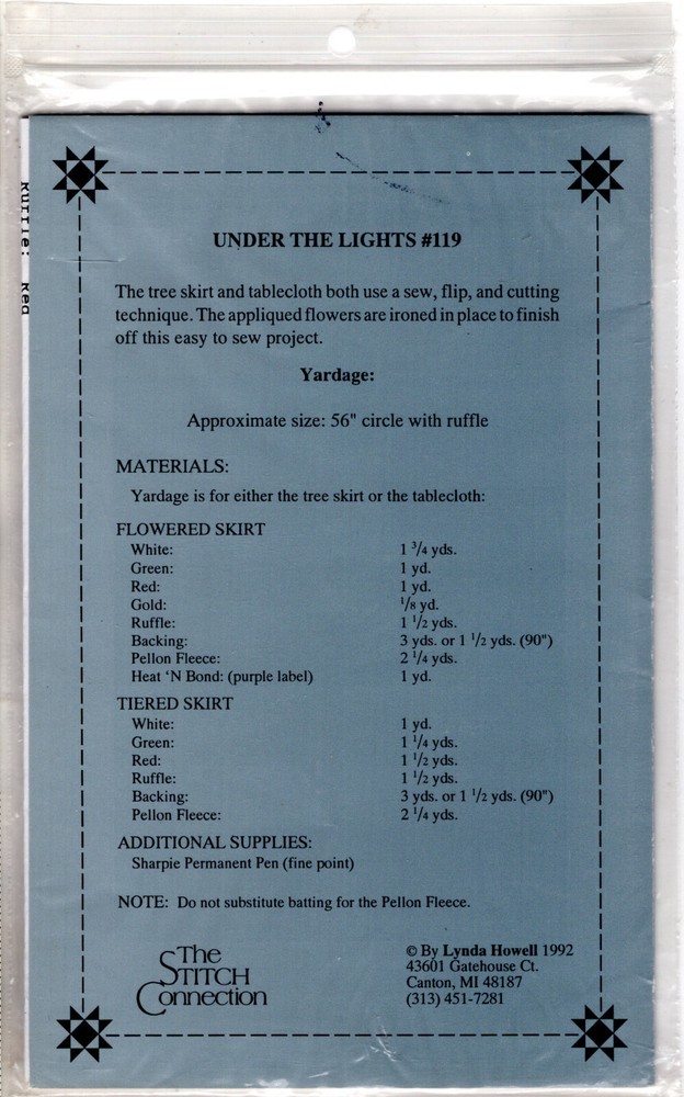 "Under The Lights" ©1992 The Stitch Connection Quilt Piecing Pattern 119 Tree Sk