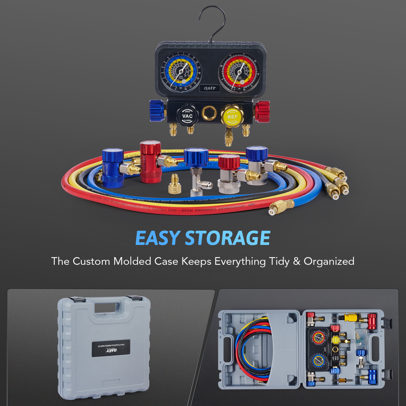 OMT AC R1234YF Gauge Set Automotive 4 Valve Manifold Gauge Kit Freon Charging US