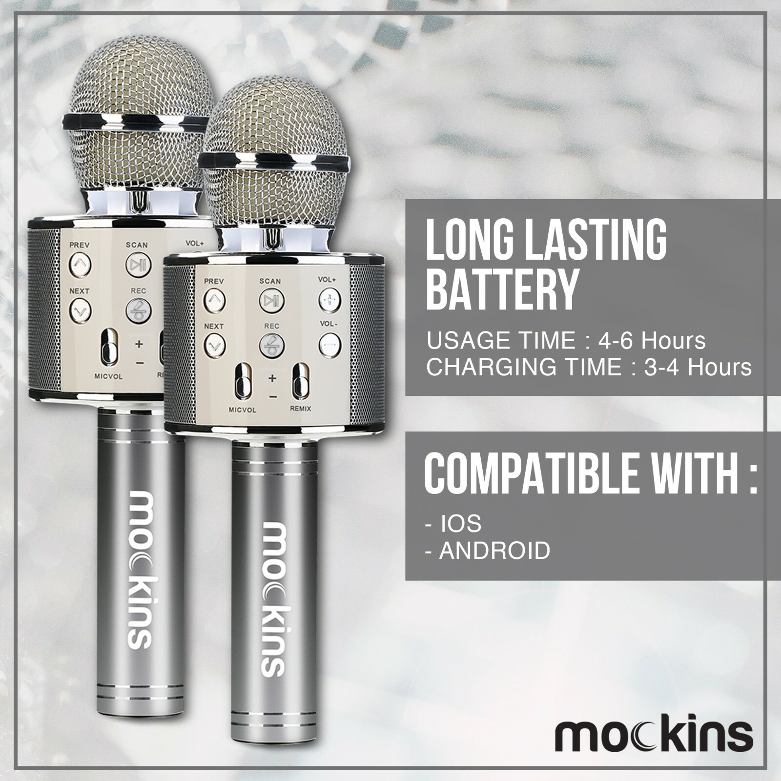 Mockins 2 Pack Silver Wireless Bluetooth KARAOKE MICROPHONE Holiday Gift, kids