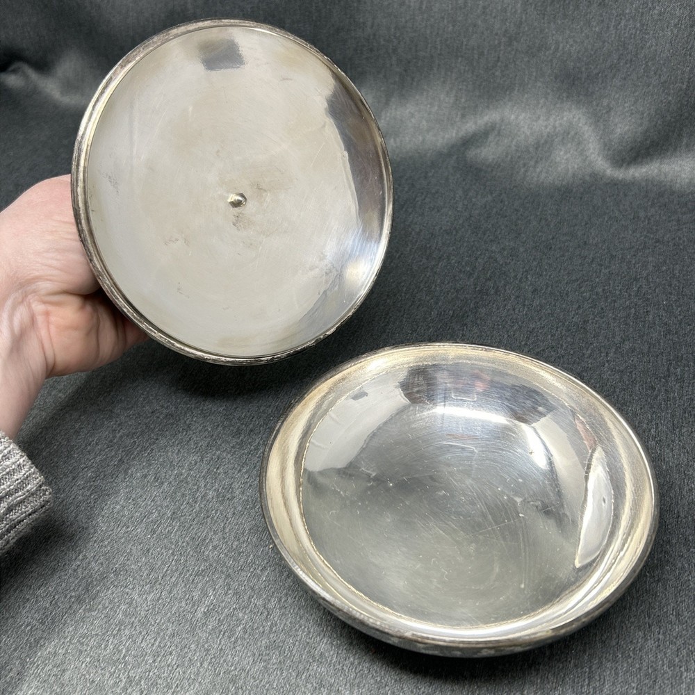 Vintage El De Uberti Italy Silver Plate Lidded Bowl Clover Handle Aged Patina