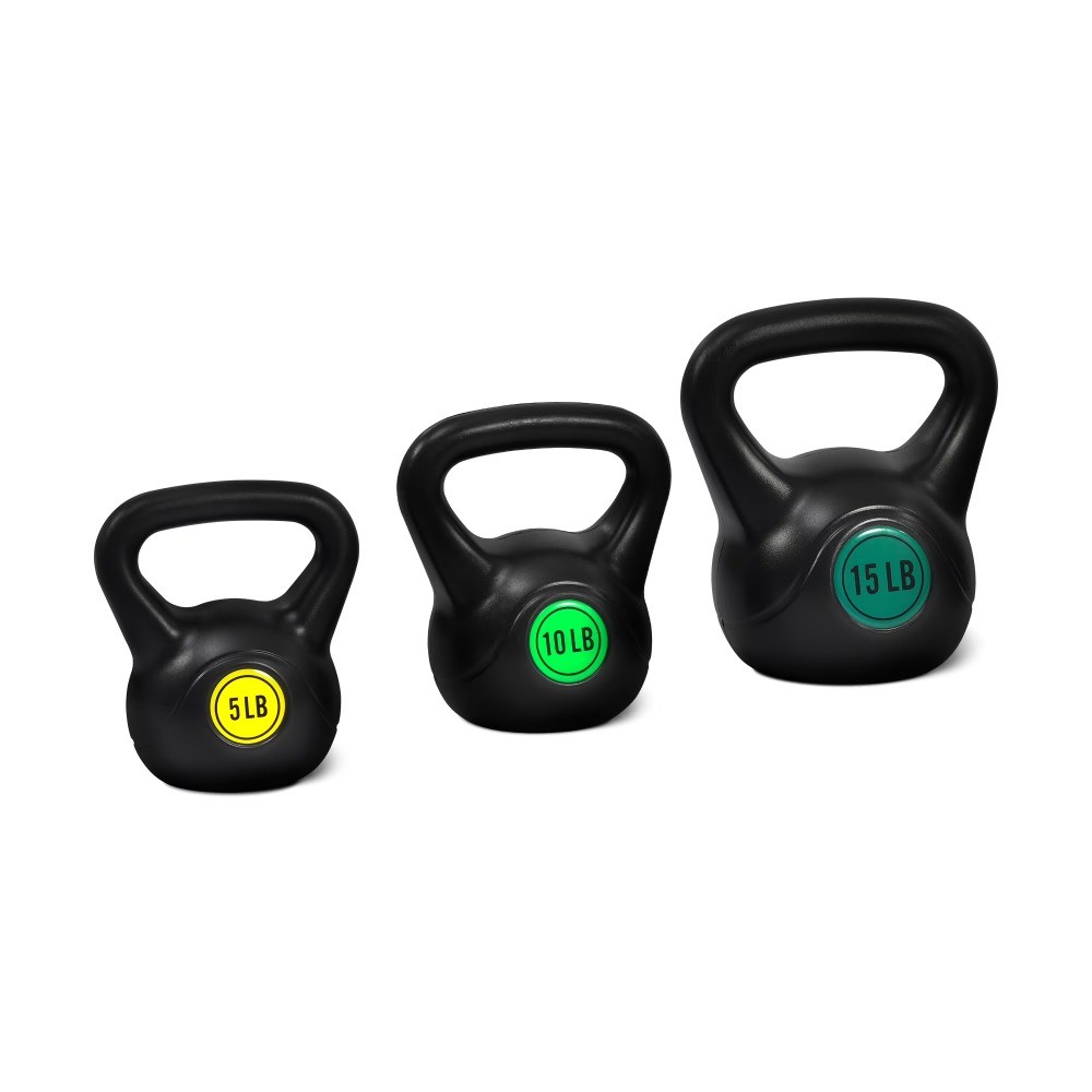 Adjustable Sand-Filled Kettlebell Set, Black, Color-Coded Yellow/Green/Blue