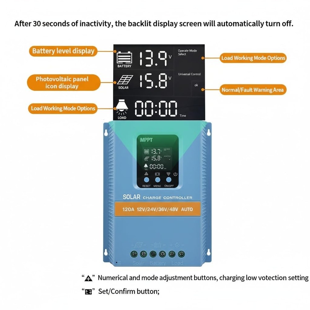 Solar Charge Controller 120A 12V 24V 36V 48V Intelligent Recognition LCD Display