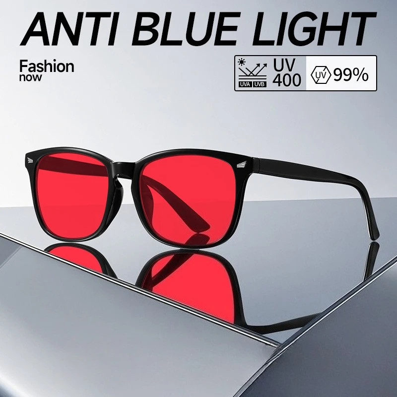 Classic Red Lens Blue Light Blocking Glasses Square Men Better Sleep.