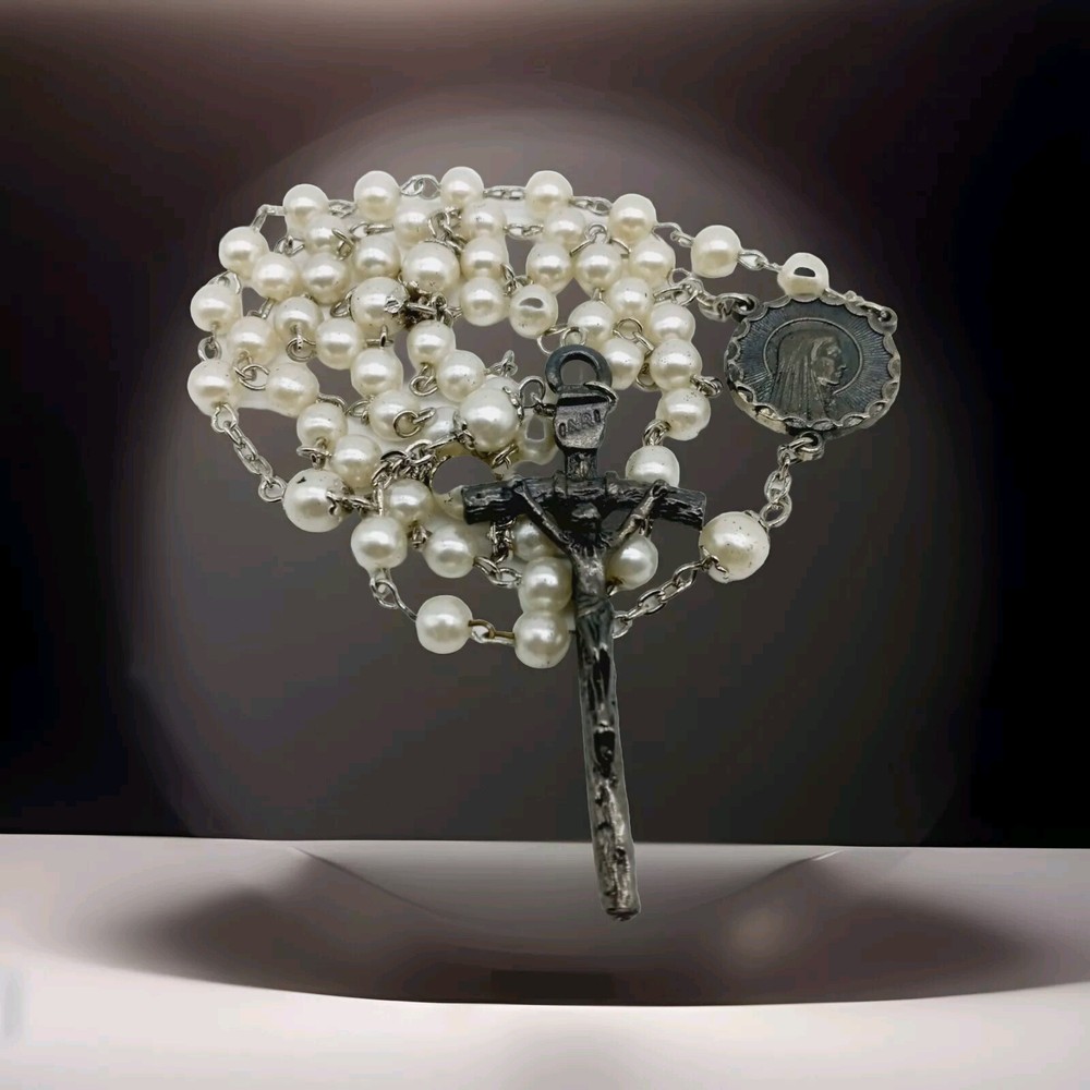 Vintage Italy Sacred Pearl Beads Relic Rosary Miraculous Medal