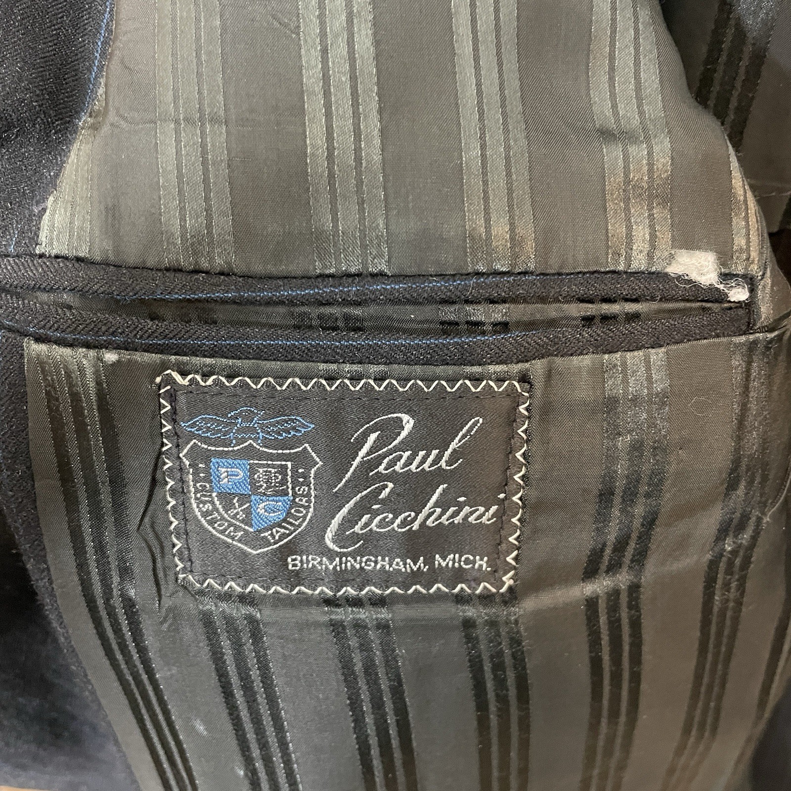 Paul Cicchini Bespoke 2 Piece Suit Mens 46XL 38x33 Black Blue Striped Wool USA