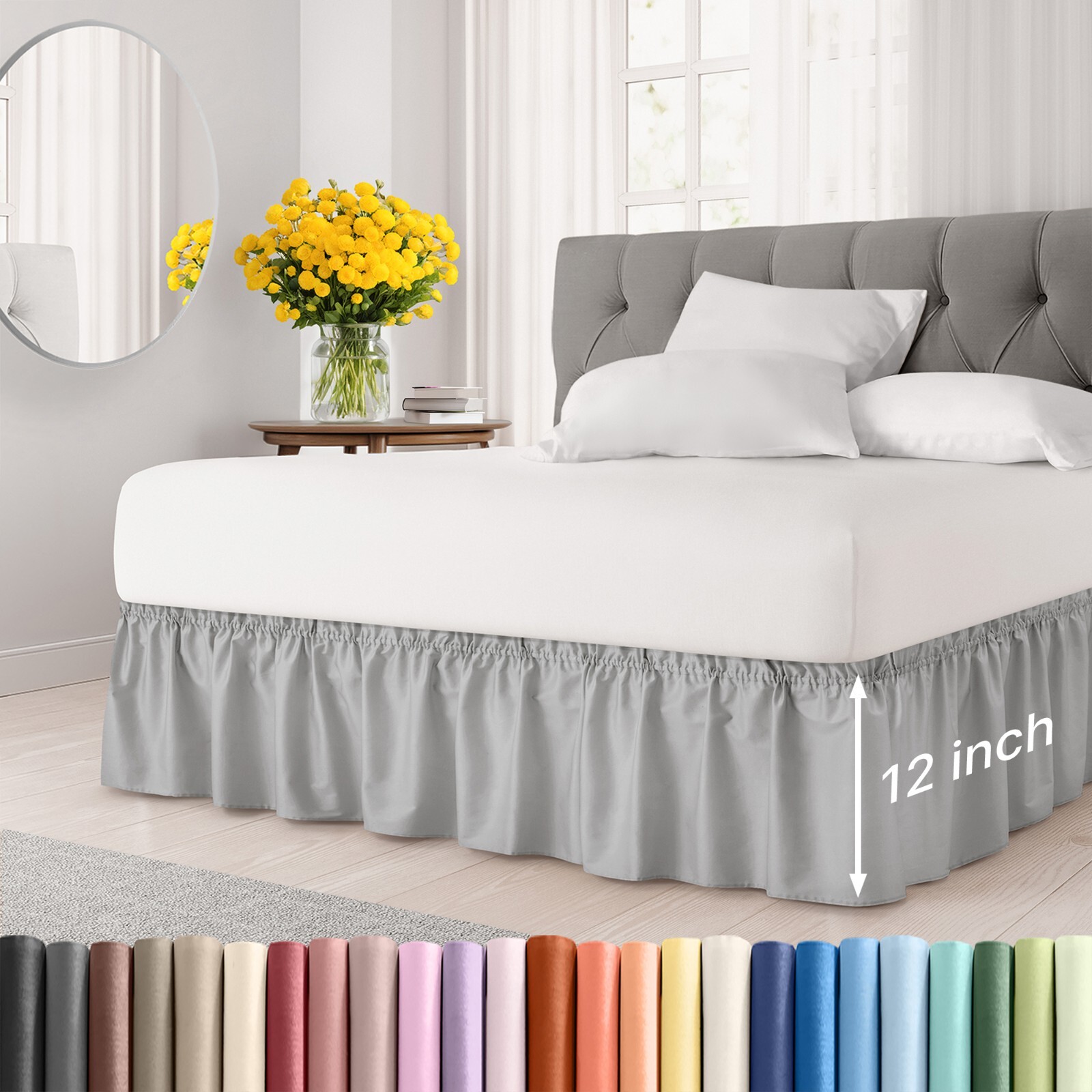 Wrap Around Dust Ruffle Bed Skirt, Easy Fit & Pleated 12" Drop by CGK Linens