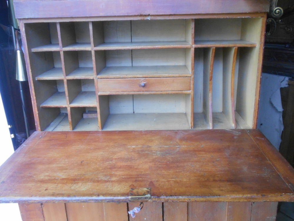 ANTIQUE PAINTED COUNTRY PINE STEPBACK DROP FRONT DESK AND BOOKCASE