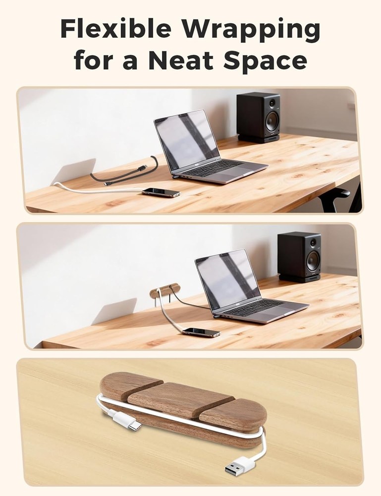 Solid Walnut Cable Holder Adhesive Wood Cord Organizer