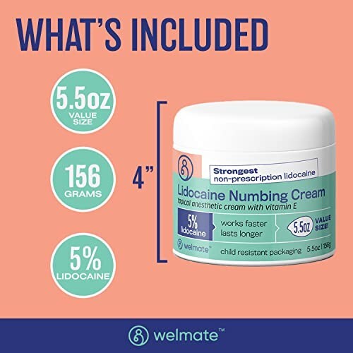 WELMATE Pain Relief, 5% Lidocaine Numbing Cream, 5.5oz