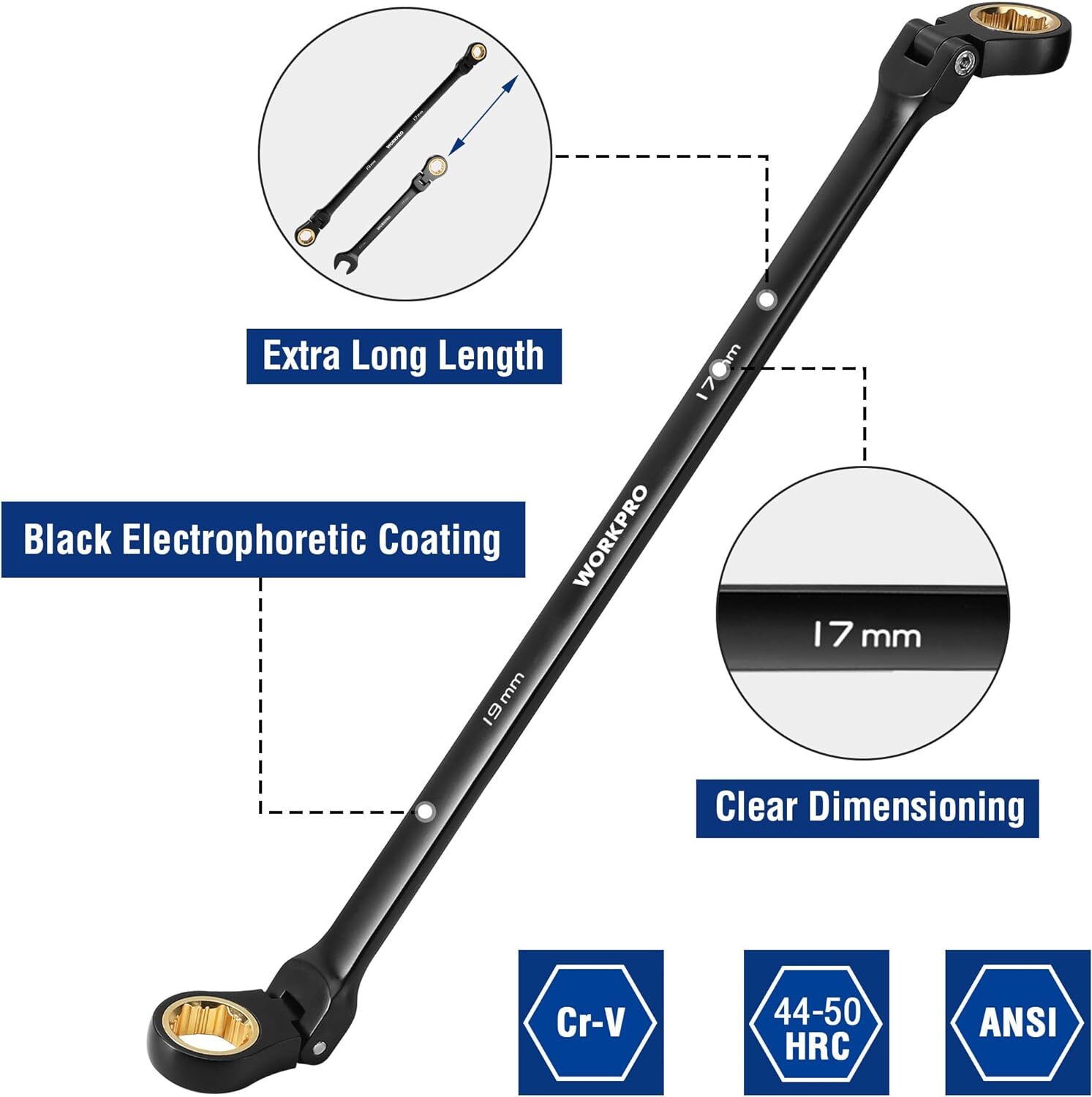 WORKPRO 5PCS Flex Head Extra Long Ratchet Wrench/10PCS Extra Long Ratchet Wrench