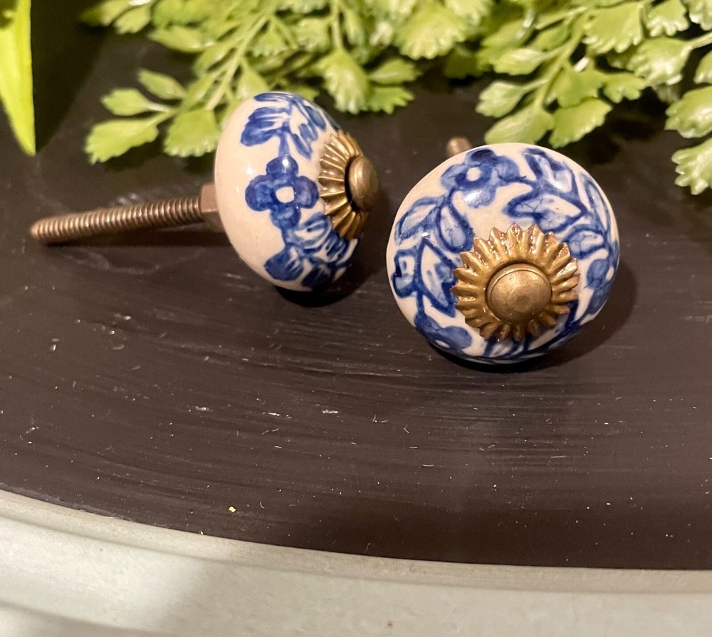 1 Antique Blue white Porcelain Ceramic Drawer Cabinet Knobs Pulls 1.25 brass end
