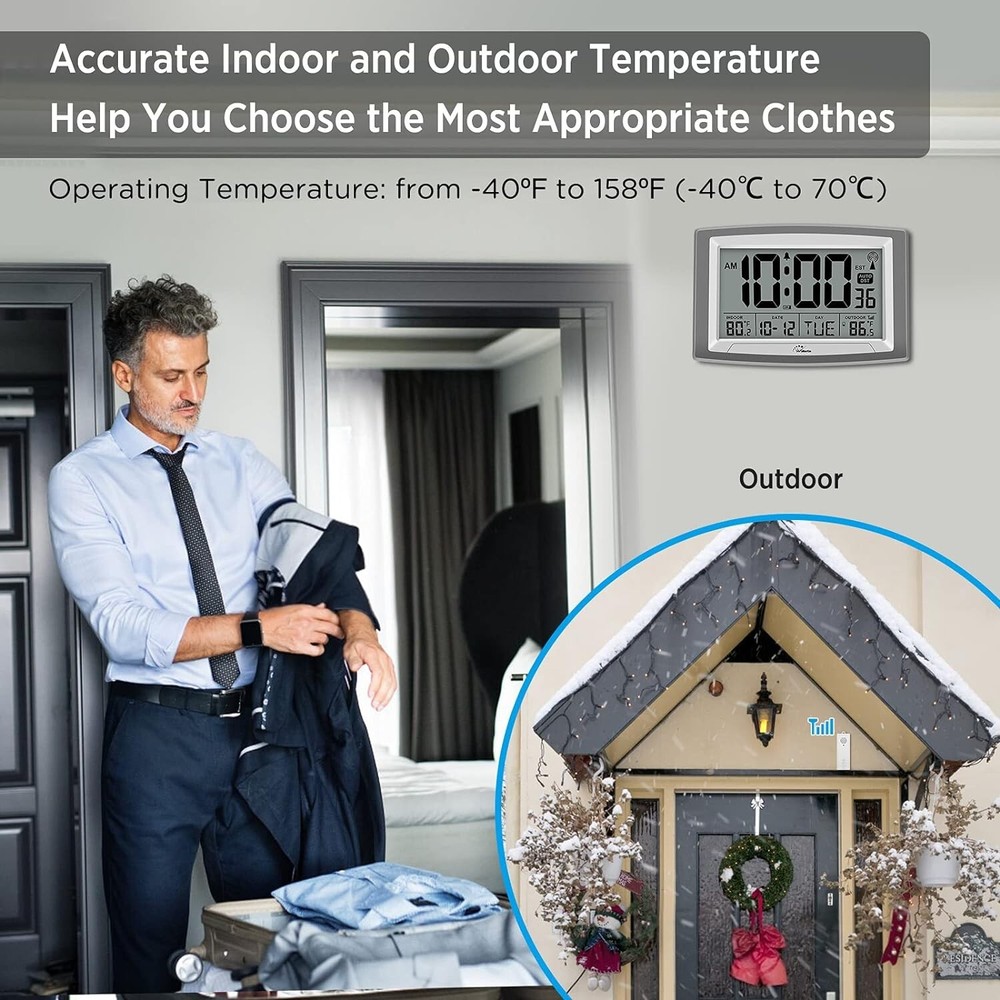 Atomic Clock with Indoor Outdoor Temperature, Self-Setting Digital Wall Clock