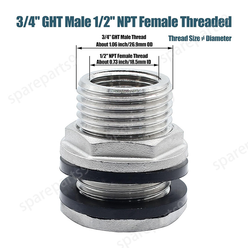 Stainless Steel Bulkhead Tank Fitting 3/4" GHT Male to 1/2" NPT Female Thread