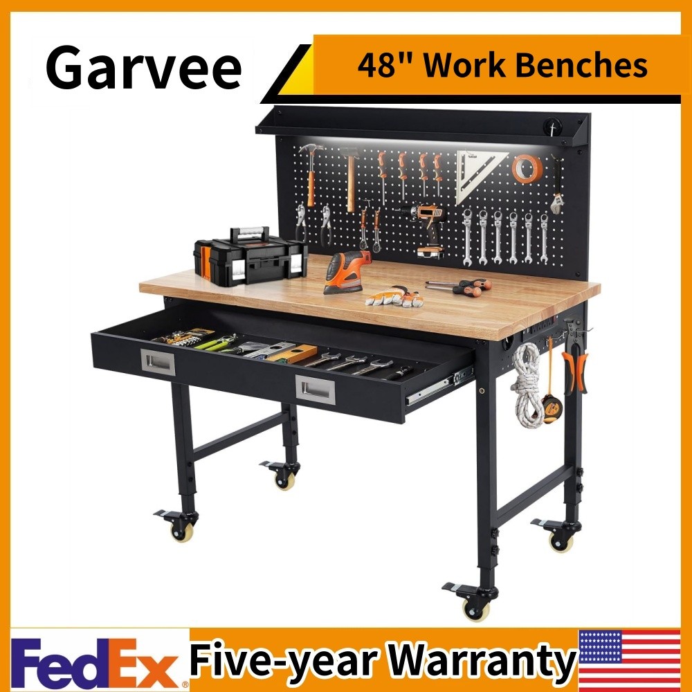 📶48" Work Benches for Garage Adjustable Workbench with Wheels Pegboard Drawers