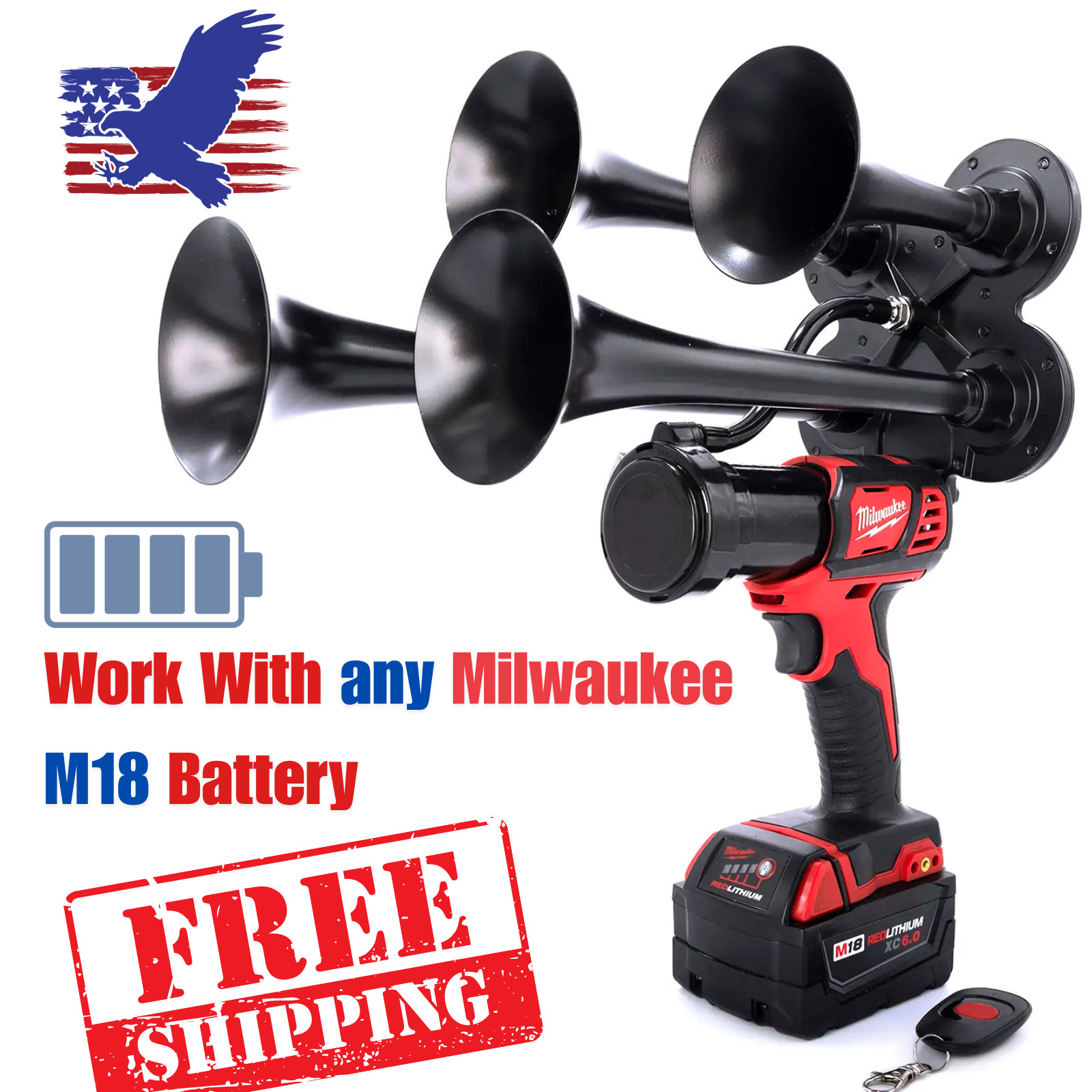 Milwaukee M18 Impact Train Air Horn + 2 Remote Controls| Quad Trumpet Train Horn