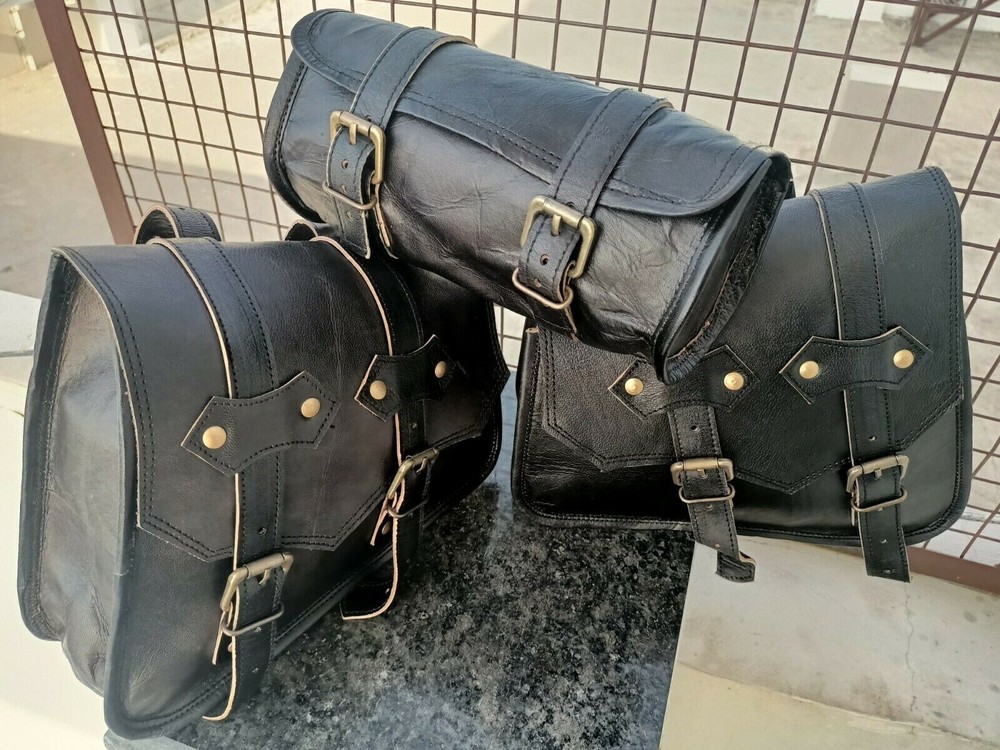 Solid Black Goat Leather COMBO Motorcycle Saddle Panniers Tool Pouch Side Bag