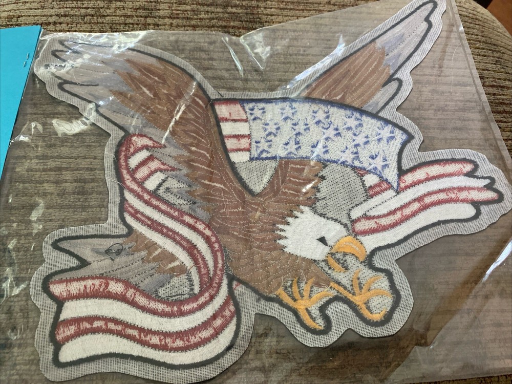 Large Iron On Back Patch Bald Eagle American Flag Biker Motorcycle NOS 8.5x10.5