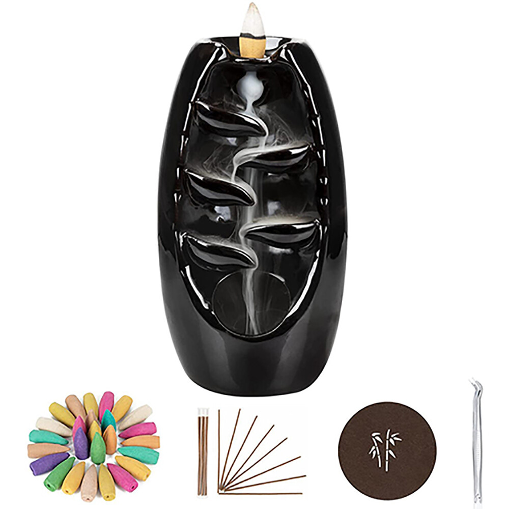 Ceramic Backflow Incense Burner Holder Glaze Waterfall & Incense Cones Gift