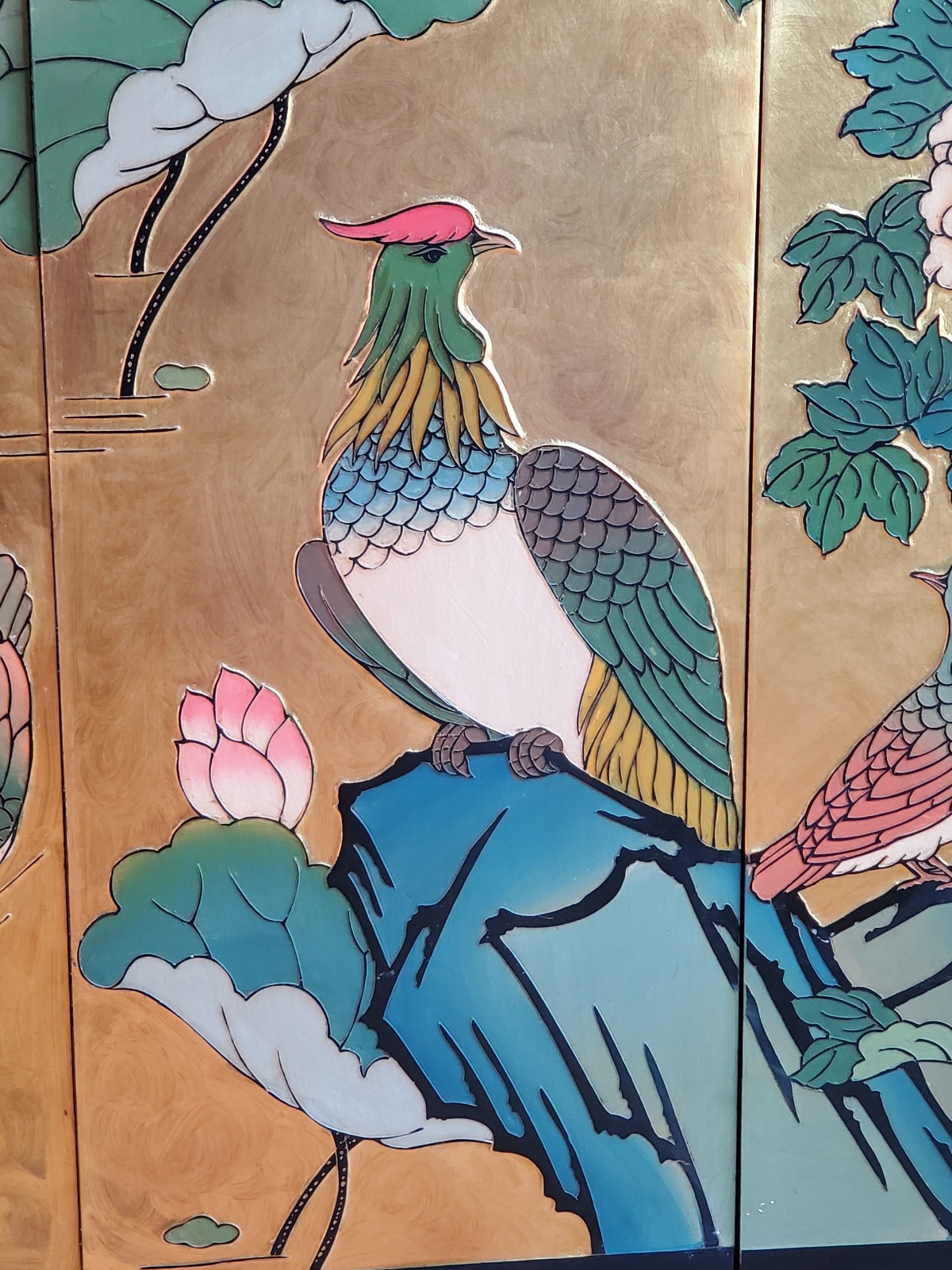 Gold Lacquered Chinese Screen 1960s Excellent Lotus Cranes Doves Flowers !