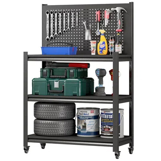 Metal Adjustable Workbench w/ Pegboard Rolling Garage Tool Storage Shelving Rack
