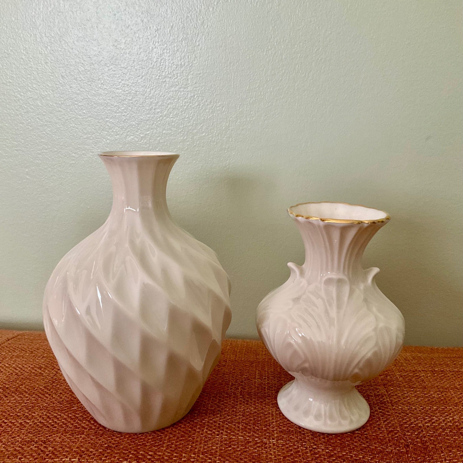 Lenox Ivory Fine China Bud Vase Set 24k Gold Trim Swirl Leaf Embossed Made USA