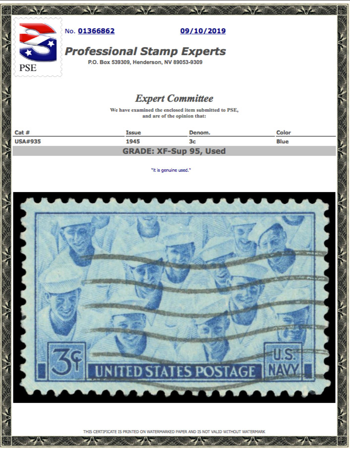 #935 Used, PSE Graded 95, Cert # 01366862