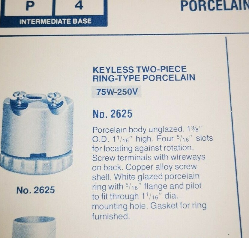 INTERMEDIATE 2-Piece Ring-Type PORCELAIN LAMPHOLDER Screw Term SOCKET 2625