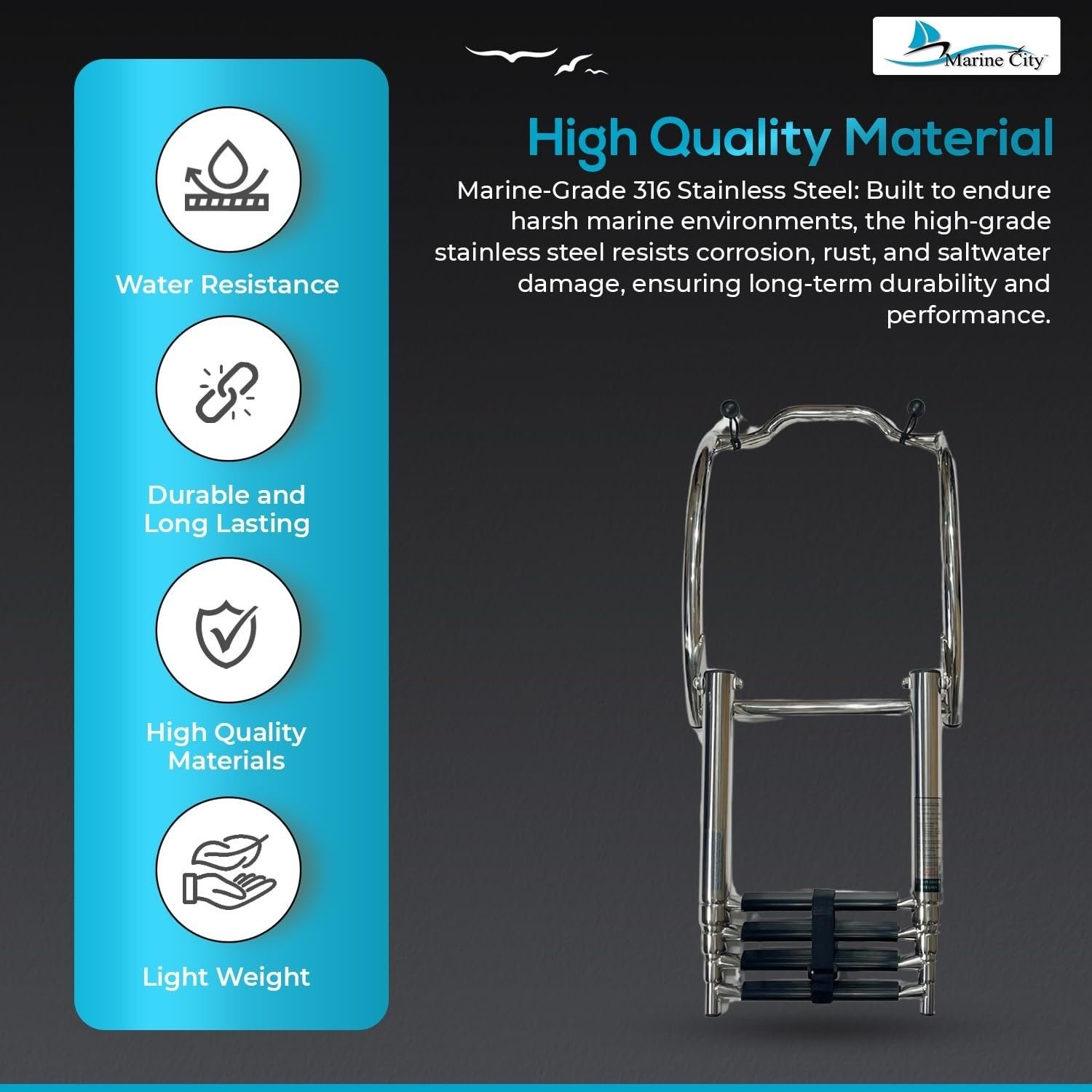 MARINE CITY 4-Step Telescoping Ladder 316 Stainless Steel Curved Mount for RIBs