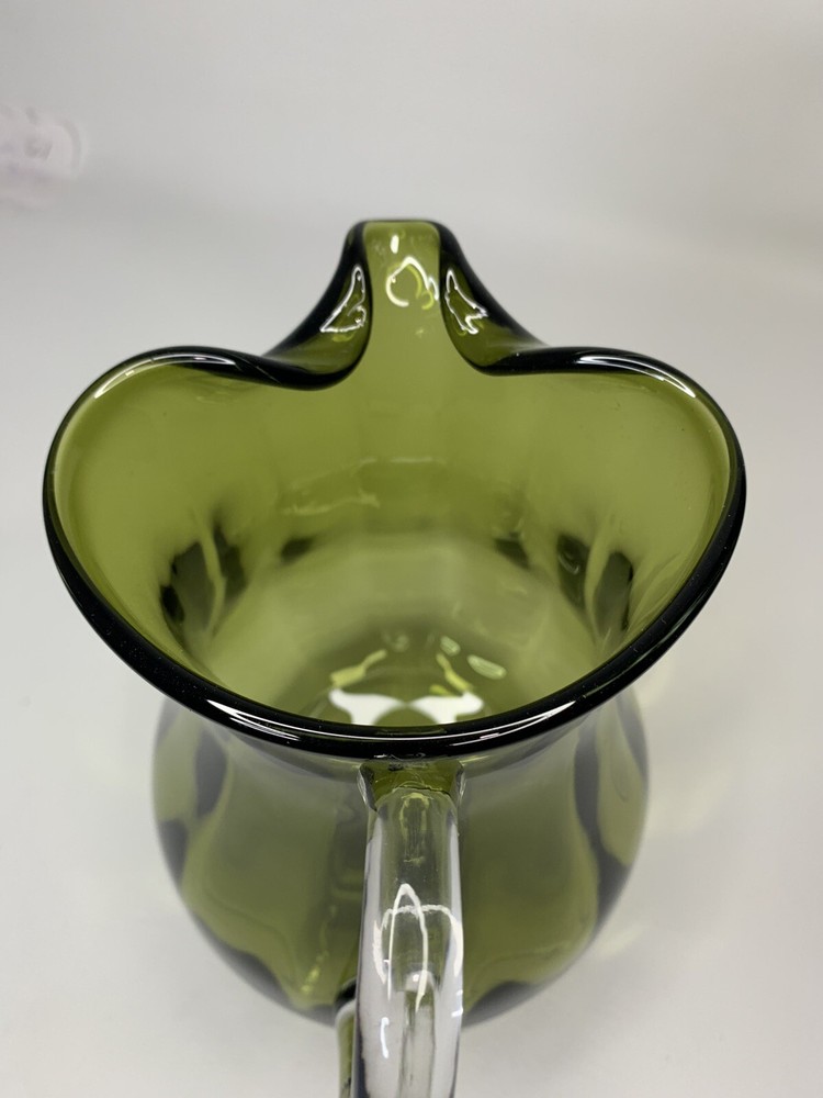 hand blown green footed 10 1/2" pitcher & applied clear handle