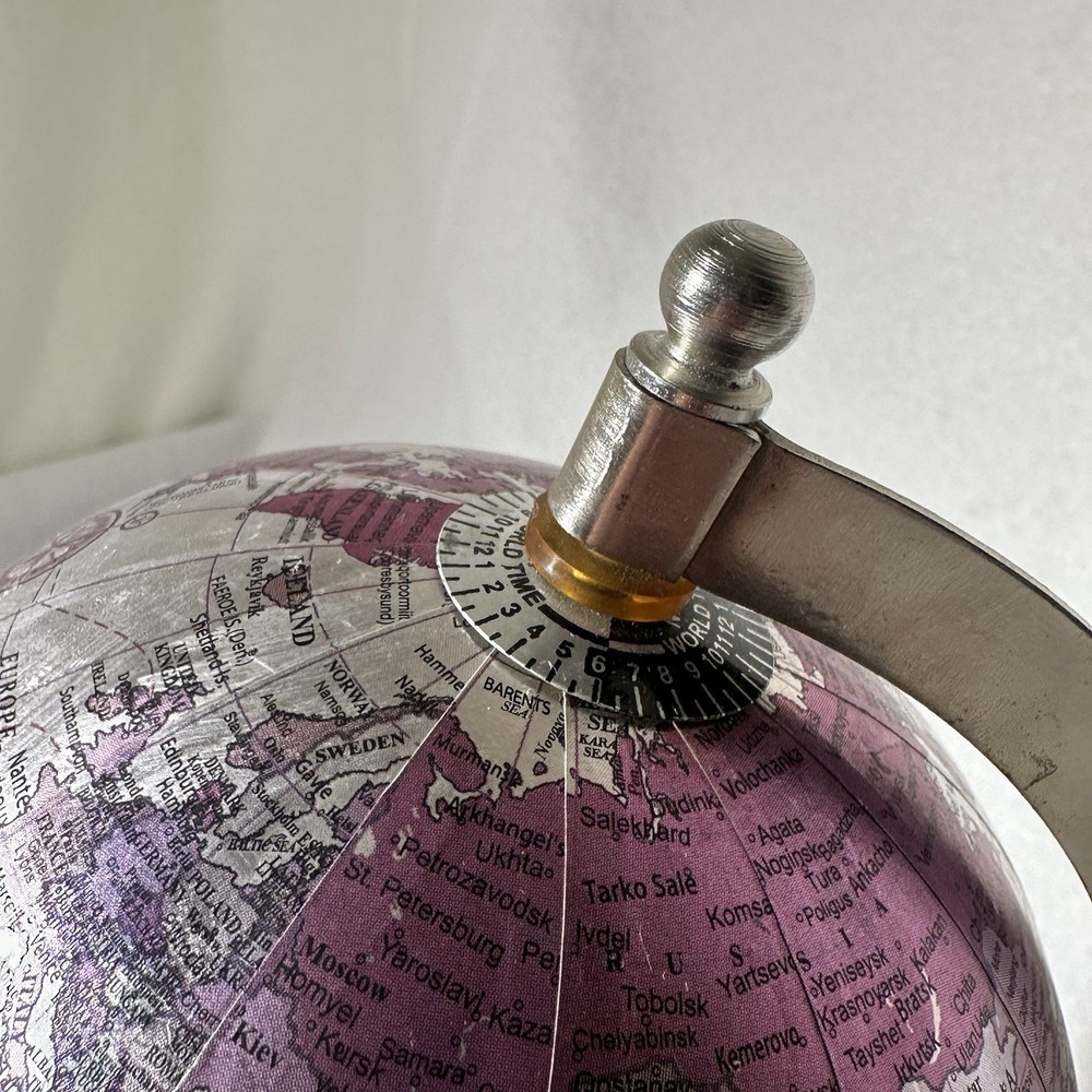 Small 9” Silver Globe Spins On Axis with Base
